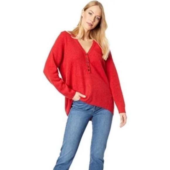 Madewell Wool Alpaca Blend Red Orange 3/4 Button Sweater Womens S Waffle Texture - Picture 1 of 9